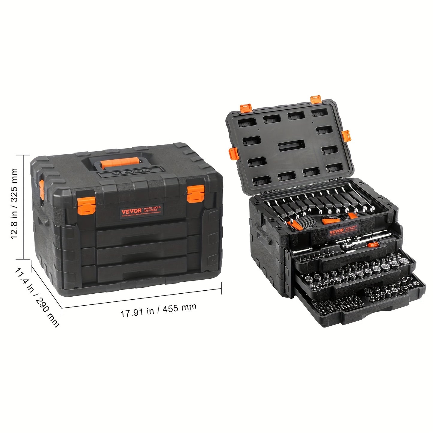 450 Pcs SAE and Metric Mechanic Tool Kit, VEVOR Mechanics Tool Set and Socket Set with 1/4", 3/8", 1/2" Drive Deep and Standard Sockets, Bits, Hex Wrenches, Combination Wrench, Accessories, Storage Case