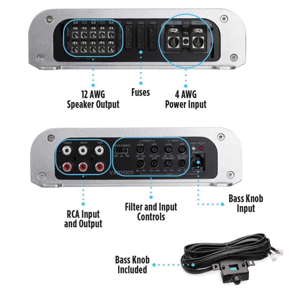 VAD11005 5-Channel Class D Amplifier 2200W Max, 1100W RMS High Power, 2/4-Ohm Stable, High/Low Pass X-Over, Bass Boost, Remote Subwoofer Bass Knob, for Car/Truck/Marine/Utv/Motorcycle