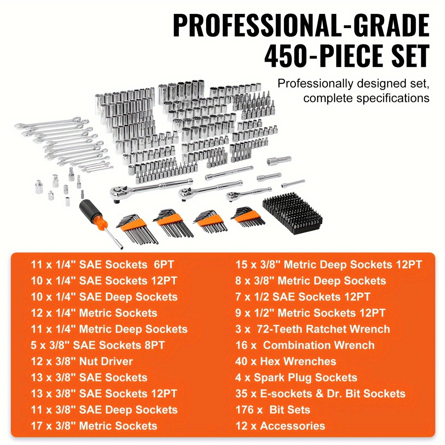 450 Pcs SAE and Metric Mechanic Tool Kit, VEVOR Mechanics Tool Set and Socket Set with 1/4", 3/8", 1/2" Drive Deep and Standard Sockets, Bits, Hex Wrenches, Combination Wrench, Accessories, Storage Case