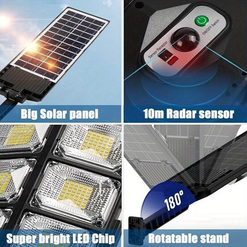 1pc Solar Street Light IP65 Waterproof 6500K 100000LM 200LED/504 LED Solar Parking Street Light (Dusk To Dawn) With Foldable Bracket Solar Flood Light (Wide Angle Motion Sensor And Remote Control) For Commercial Area Lighting