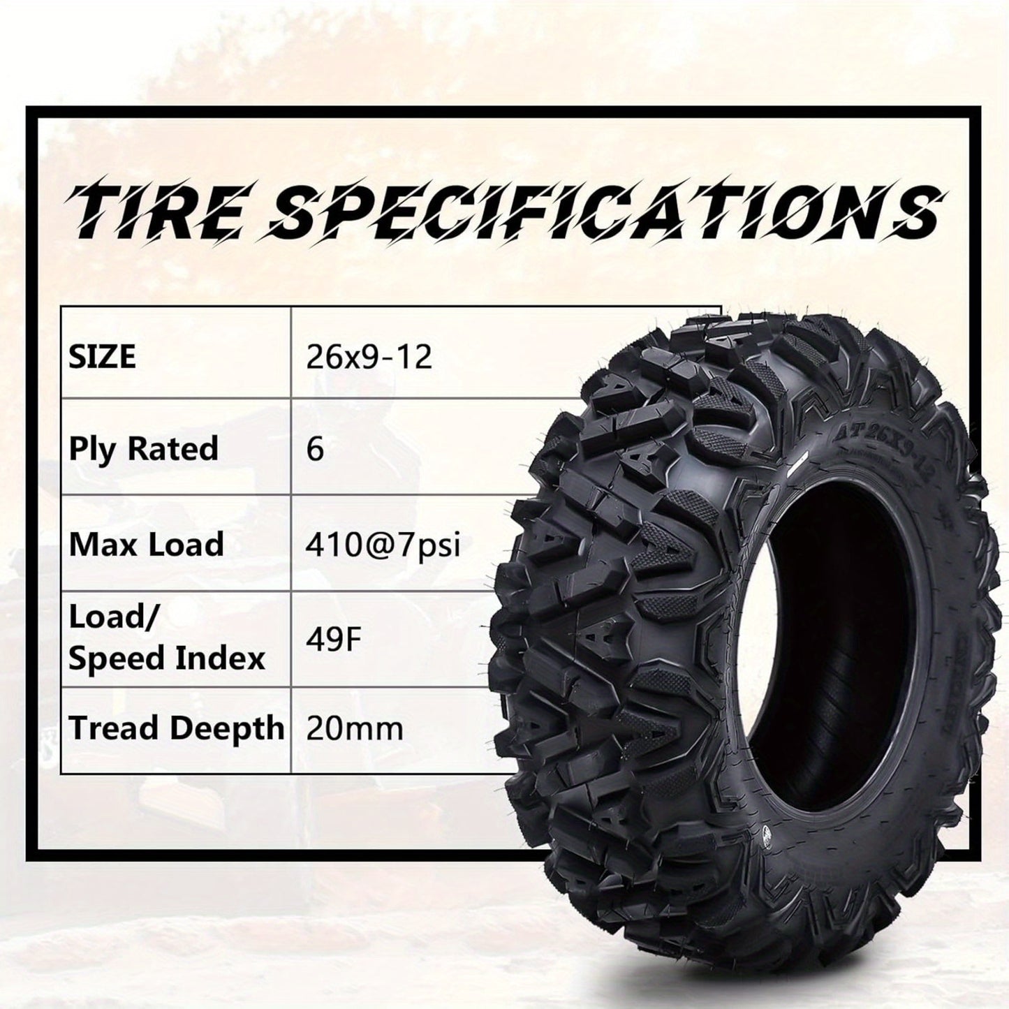 Set of 2, 26x9-12 ATV/UTV Tires, All Terrain Tubeless Tires, 6PR, 49F Load/Speed Index All Terrain Off-Road Tires