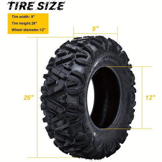 Set of 2, 26x9-12 ATV/UTV Tires, All Terrain Tubeless Tires, 6PR, 49F Load/Speed Index All Terrain Off-Road Tires