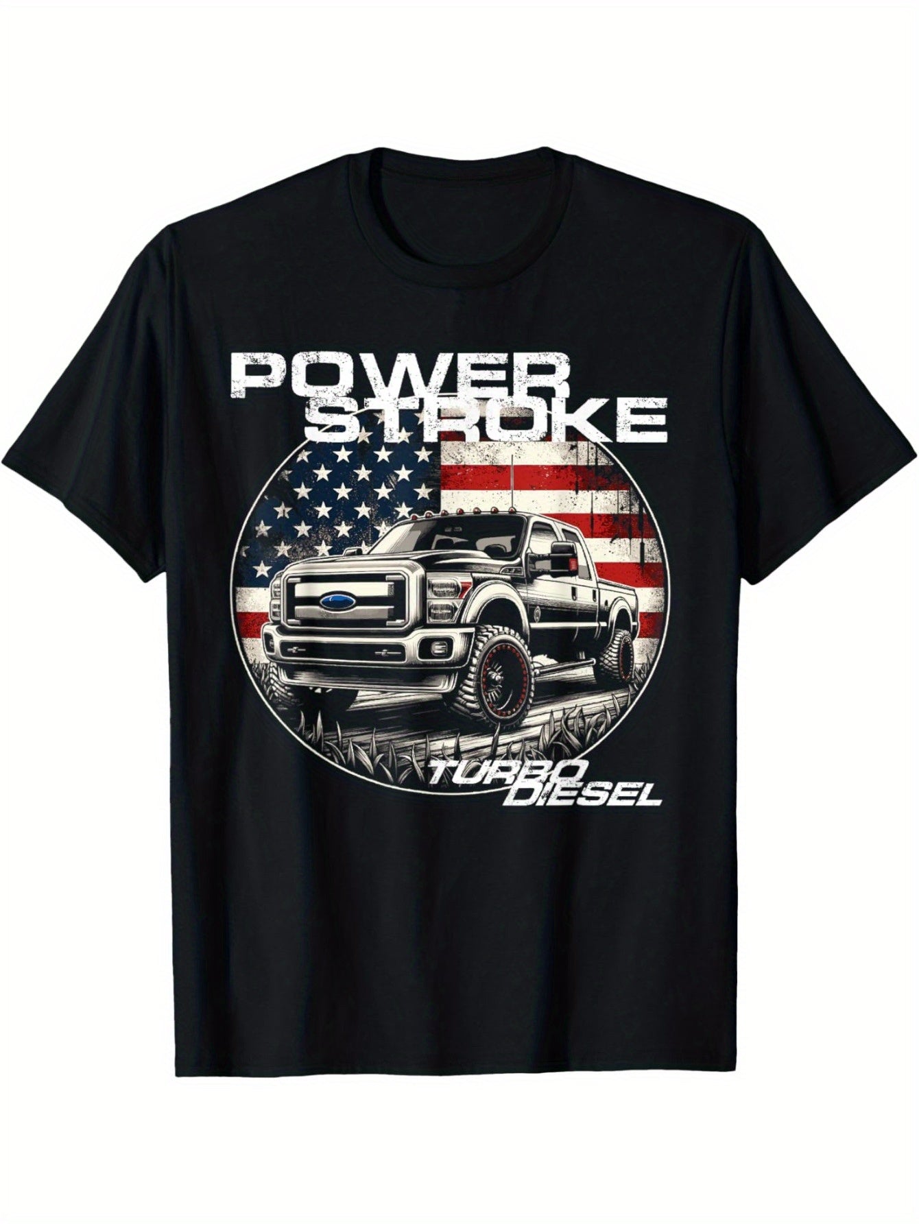 1pc Men'S Casual Crew Neck T-Shirt, 100% Cotton, Slight Stretch, Geometric Pattern with Power Stroke Diesel Truck Design, All-Season Comfort, Regular Fit for Adult Truck Enthusiasts