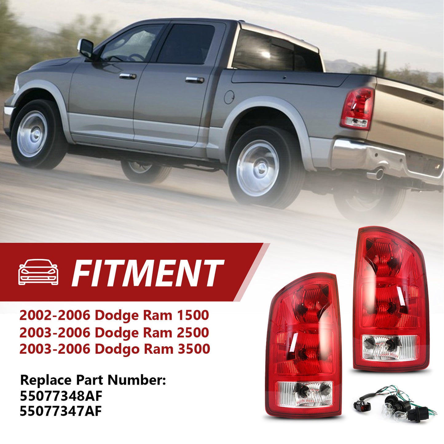 Tail lights for dodge ram 2002-2006, Red Housing+ Chrome Lens (No Bulbs) Halogen Tail light