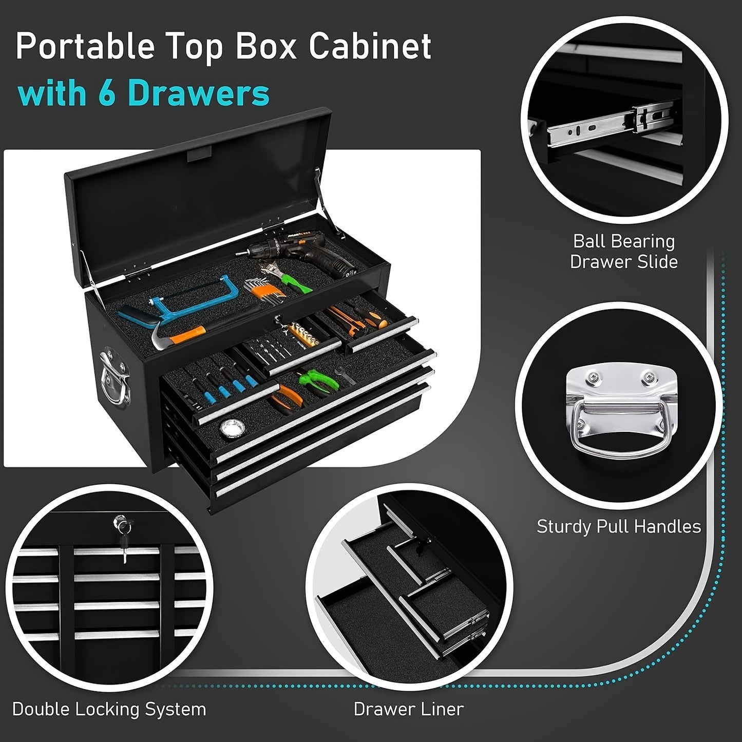 8-Drawer Metal Lockable Tool Chest Cabinet with Wheels, Black Storage Drawer Units, Rolling Tool Storage Box