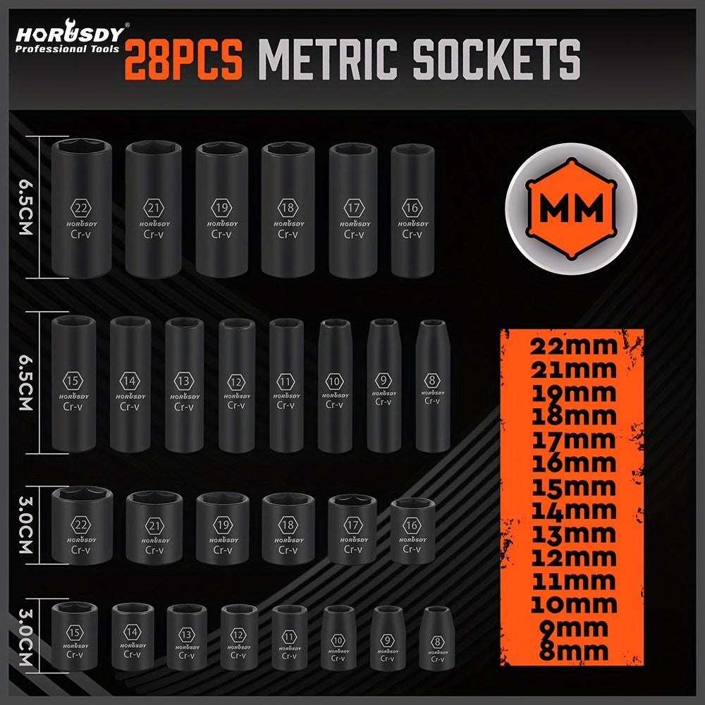 50-Piece HORUSDY 3/8" Drive Impact Socket Set - Standard SAE (5/16 to 3/4 inch) and Metric (8-22mm) Size, 6 Point, Cr-V, Includes 3/8-Inch Drive Ratchet Handle, Drive Extension Bar, and Impact Universal Joint