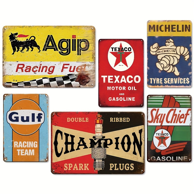 6pc Retro Metal Tin Sign Collection - Old Car Shop Posters, Oil and Gas Station Sign, Man Cave Decor, Cafe Decor, Wall Decorations for Men, 8x12 Inch