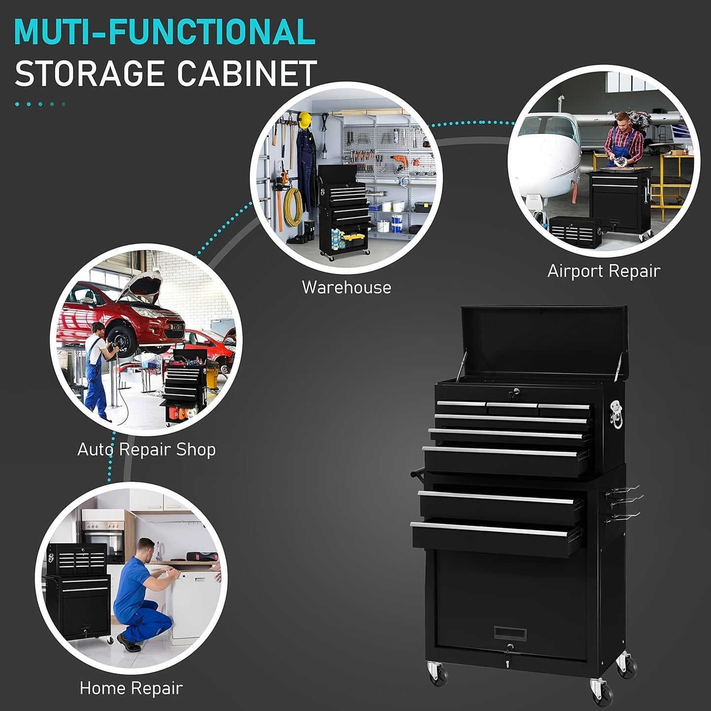 8-Drawer Metal Lockable Tool Chest Cabinet with Wheels, Black Storage Drawer Units, Rolling Tool Storage Box