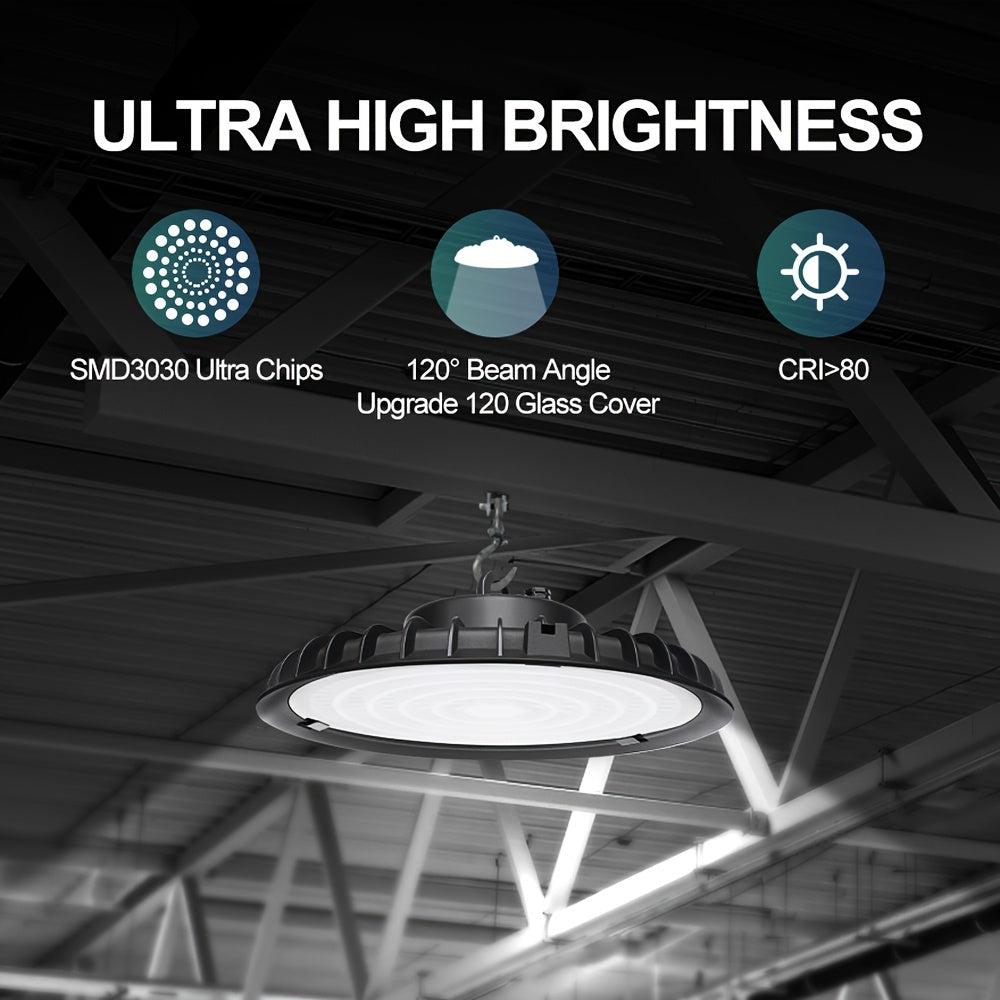 100W 200W 300W UFO LED High Bay Light 6000K, Bright Industrial Commercial Warehouse Workshop Garage Gym Shop Factory Light, 90-277V, IP65 Waterproof Dustproof, 110V 120V 277V, Led Commercial Lighting Fixture, US Plug