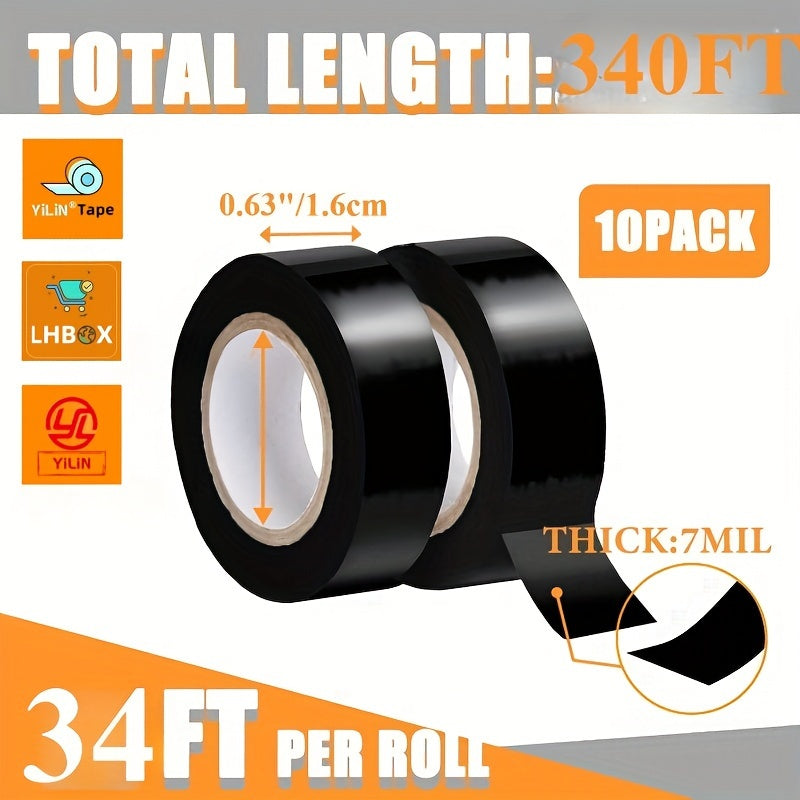 10pcs Black Electrical Tape, 0.63in x 34ft, 7mil Thick - Industrial Grade, Multi-Purpose for Wiring Harnesses & Insulation