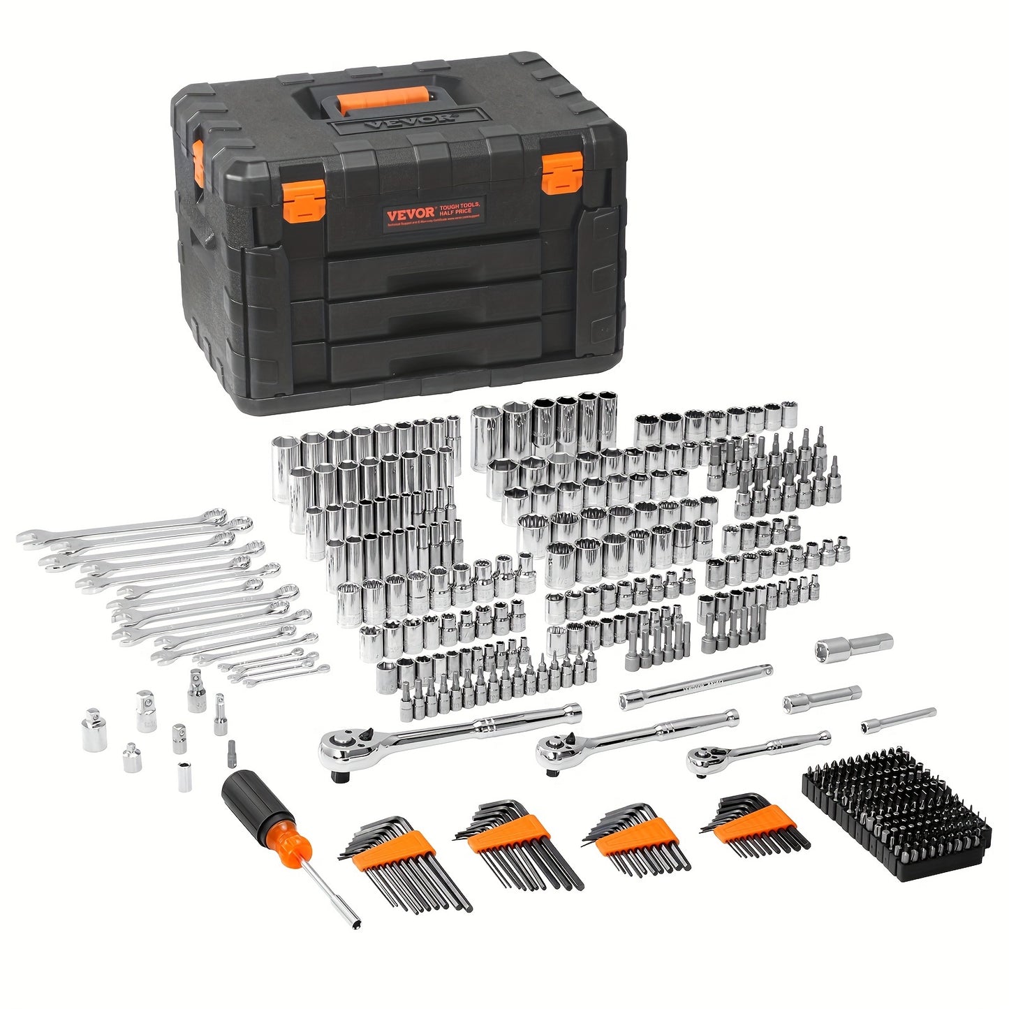 450 Pcs SAE and Metric Mechanic Tool Kit, VEVOR Mechanics Tool Set and Socket Set with 1/4", 3/8", 1/2" Drive Deep and Standard Sockets, Bits, Hex Wrenches, Combination Wrench, Accessories, Storage Case