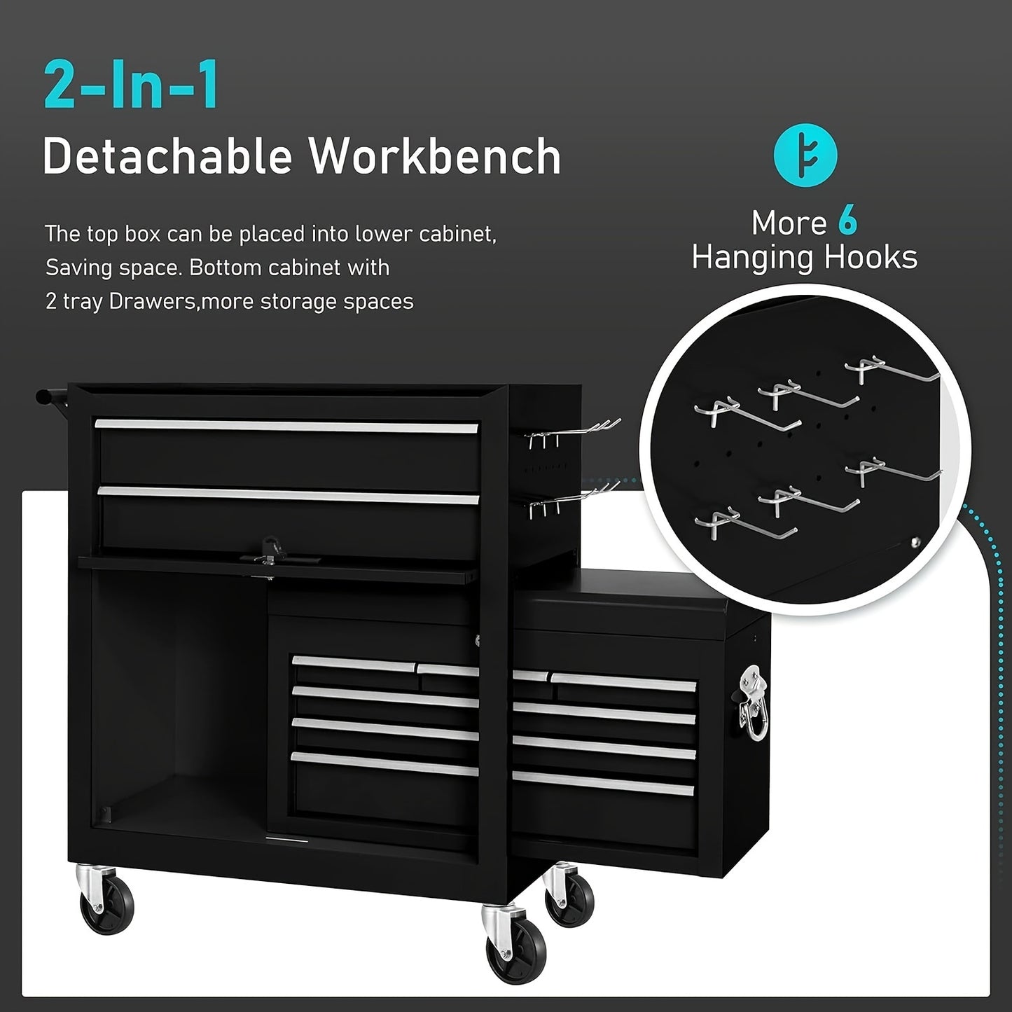 8-Drawer Metal Lockable Tool Chest Cabinet with Wheels, Black Storage Drawer Units, Rolling Tool Storage Box