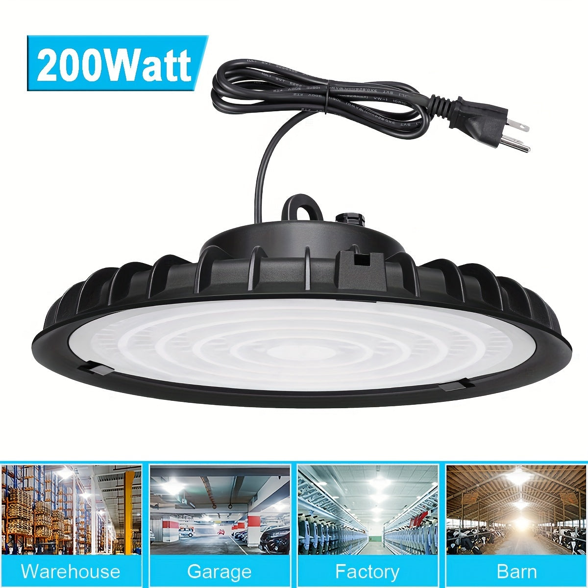 100W 200W 300W UFO LED High Bay Light 6000K, Bright Industrial Commercial Warehouse Workshop Garage Gym Shop Factory Light, 90-277V, IP65 Waterproof Dustproof, 110V 120V 277V, Led Commercial Lighting Fixture, US Plug