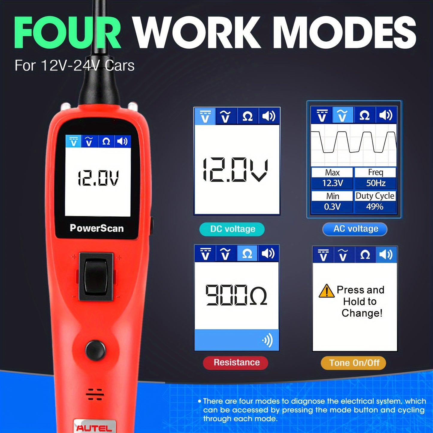 Universal 12V 24V Autel PowerScan Circuit Tester Kit, 20ft Cable, Read AC/DC Voltage, Resistance, Component Activation, Short Finder, Test Ground & Continuity