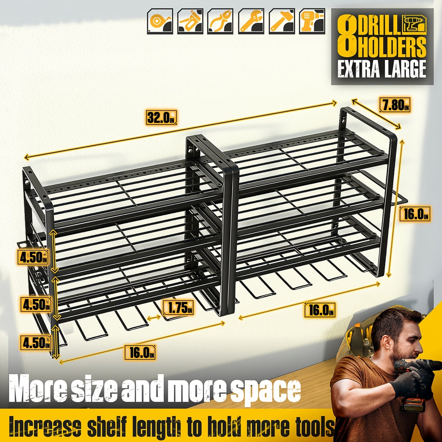 4-Tier Heavy Duty Metal Power Tool Organiser - 15 Minutes Quick Assembly, 150lbs Max Load, 8 Slots, 4 Shelves, Garage/Hanging Board/Shed Compatible, Perfect Father's Day Gift