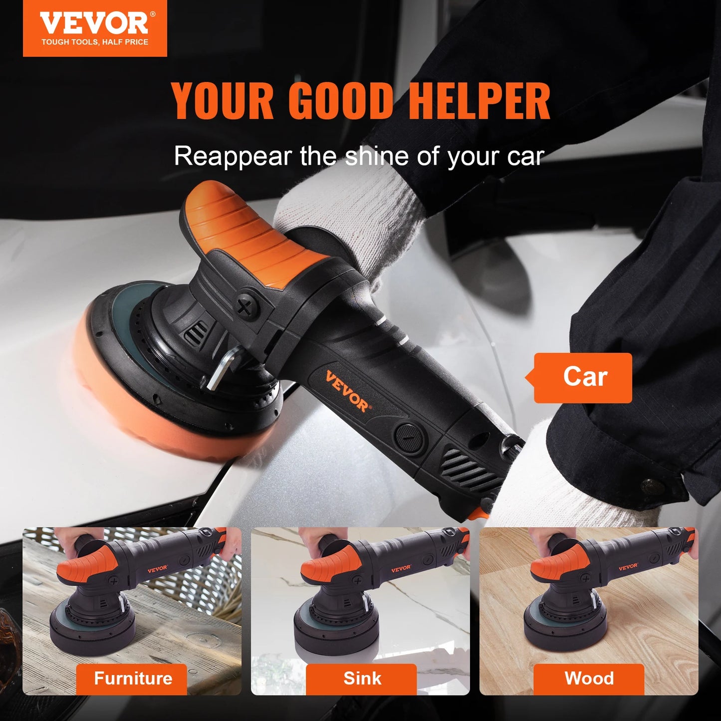 VEVOR Car Polisher 6 Inch Electric Variable Speed Dual Action Buffer Car Polishing Machine Kit with Detachable Handle Power Tool