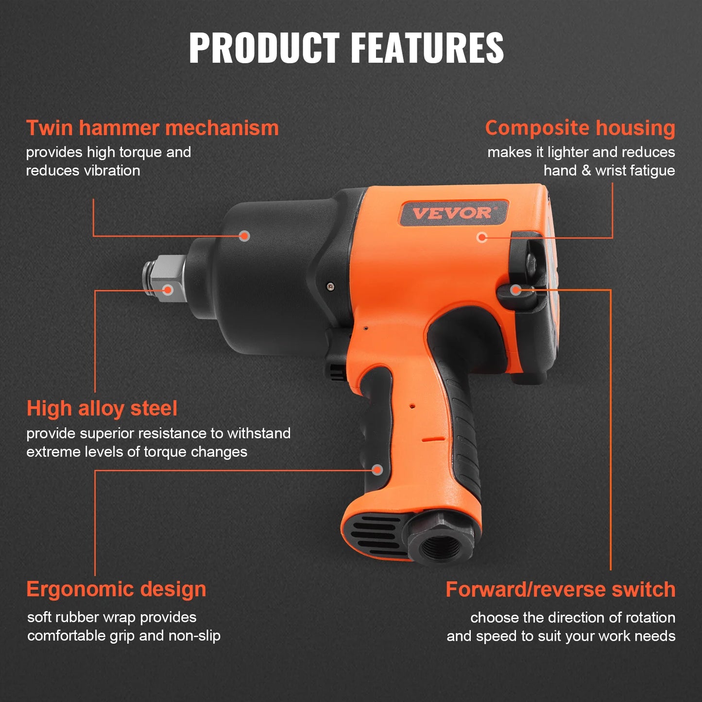 VEVOR Air Impact Wrench 3/4" Square Drive 1870ft-lbs Nut-busting Torque Air Impact Gun Composite Pneumatic Gun for Auto Repairs