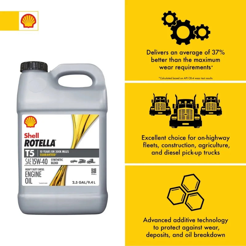 Shell Rotella T5 Synthetic Blend 15W-40 Diesel Engine Oil, 2.5 Gallon