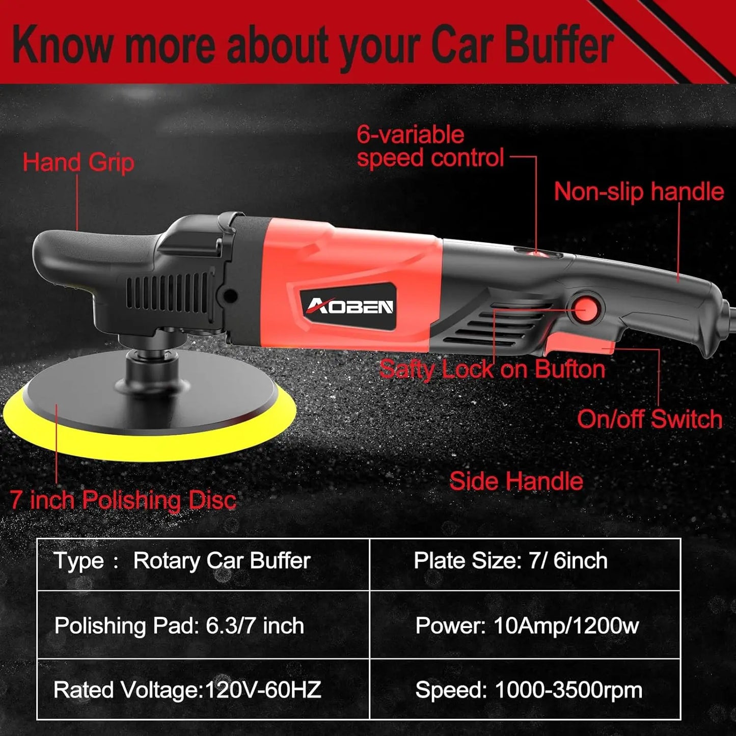 Rotary Buffer Polisher 1200W 6-inch/ 7-inch Car Buffer,Car Polisher Waxer Kit with 6 Variable Speed 1000-3500RPM