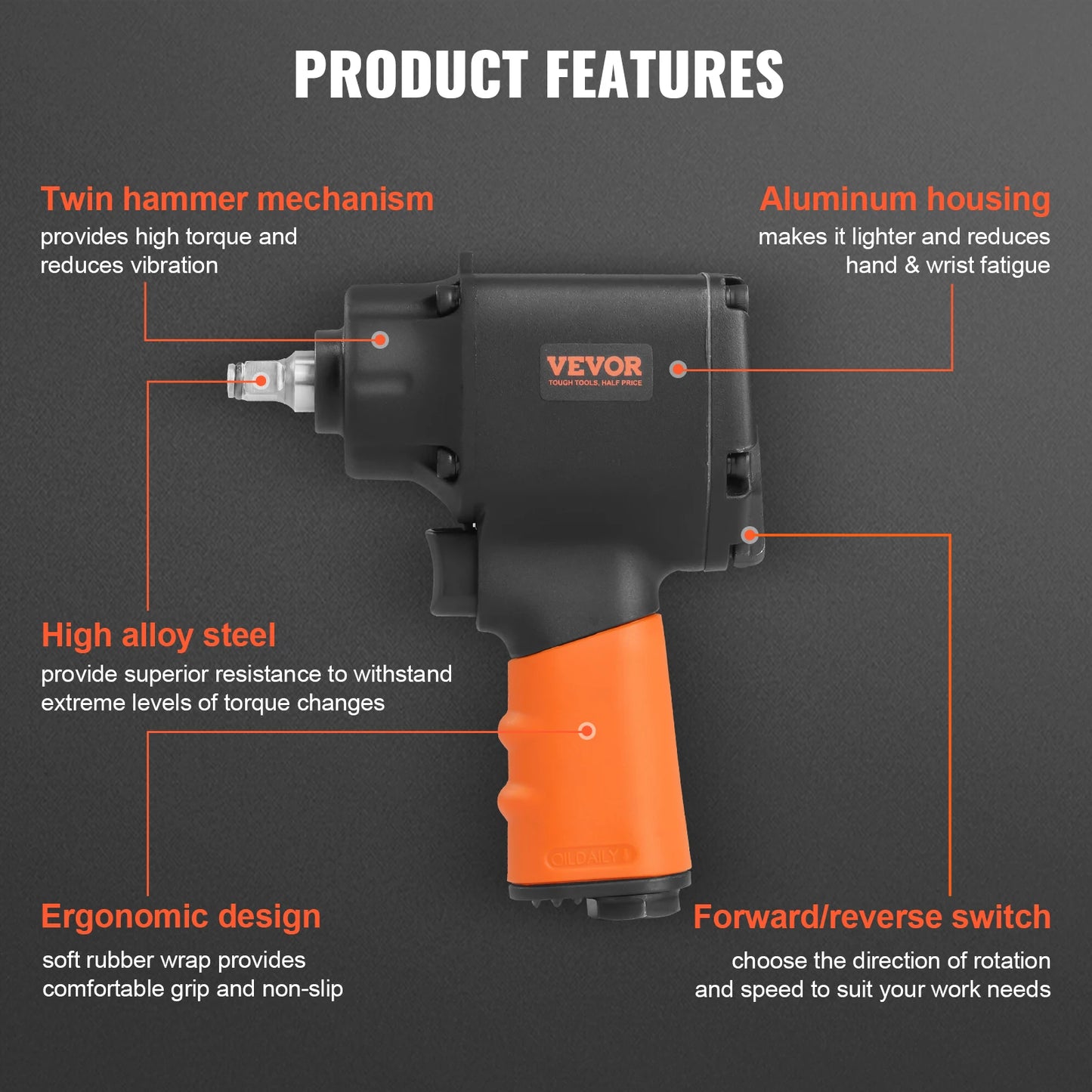 VEVOR Air Impact Wrench  3/8 Inch Square Drive 690ft lbs Pneumatic Impact Gun Tire Removal Tool for Auto Repairs and Maintenance