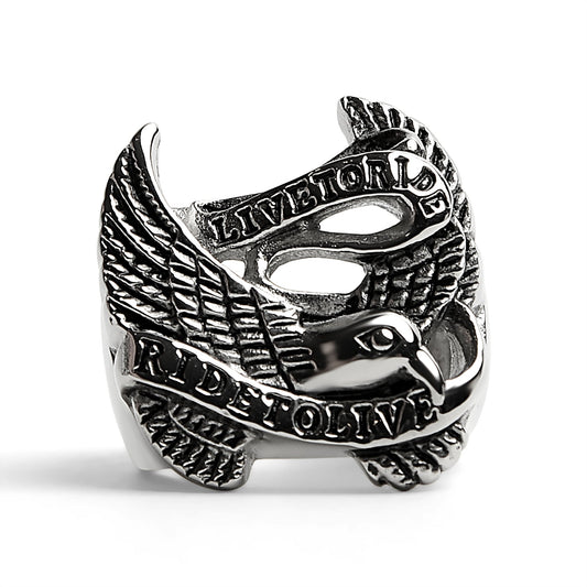 Stainless Steel "Live To Ride" "Ride To Live" Eagle Biker Ring /