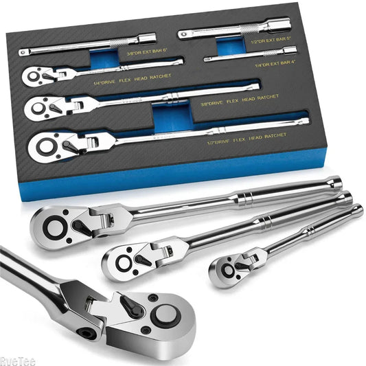 6 Pcs 1/4" 3/8" 1/2" Flex Head Ratchet Set 72 Tooth 180° Adjustable Drive Swivel Head Ratchet Wrench with Extension Bar