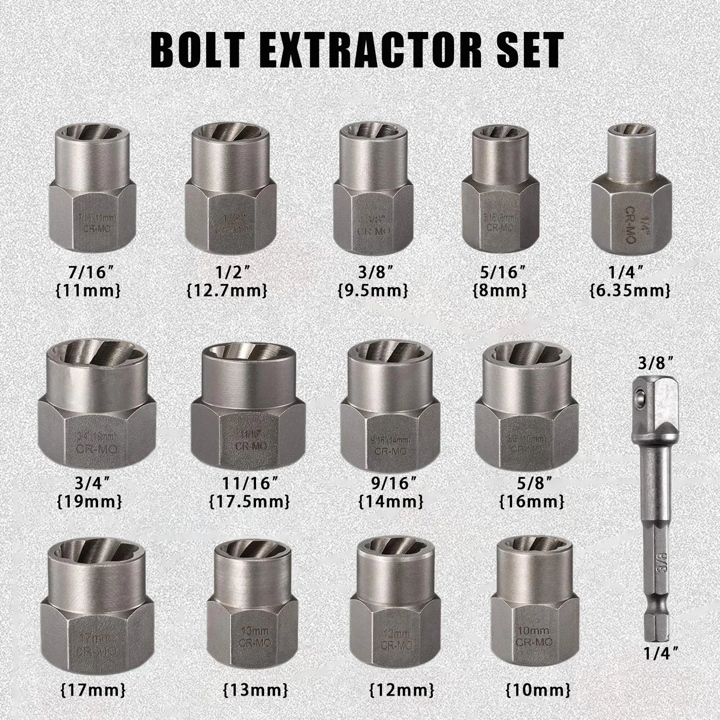 14 pieces socket impact bolt and nut disassembly tool, used to peel off bolts and remove rusted circular damaged nuts and bolts