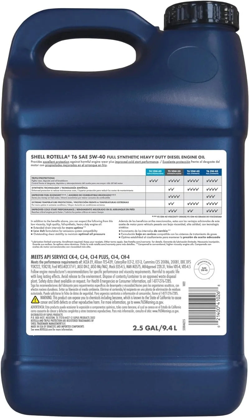 Shell Rotella T6 Full Synthetic 5W-40 Diesel Engine Oil (2.5-Gallon, Case of 2)