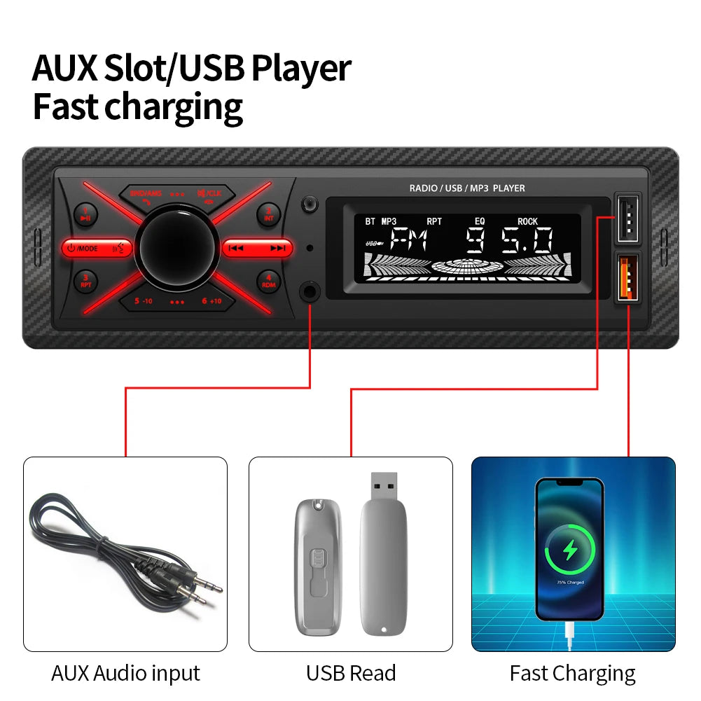 1 Din MP3 Car Radio Multimedia Player Audio FM Radio Support Phone Charging Bluetooth EQ AUX USB  Red Color Button Light