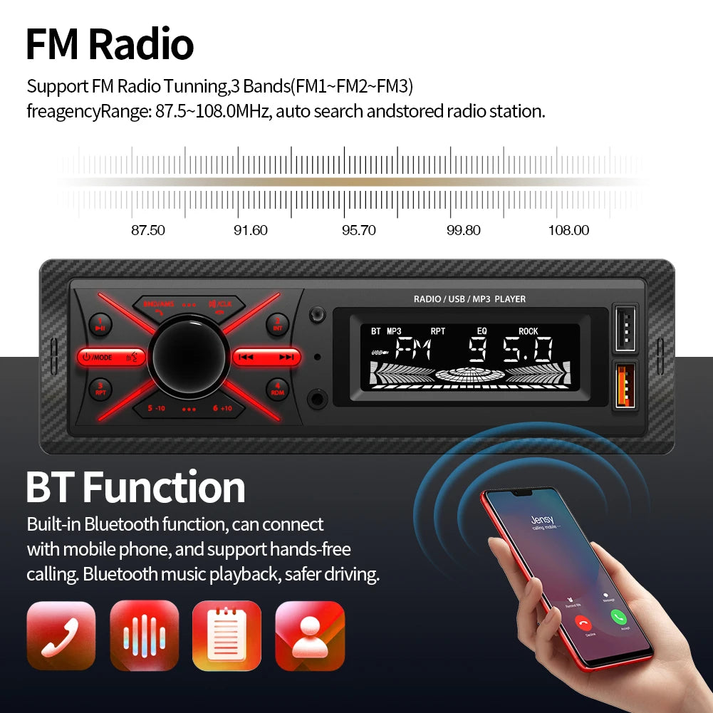 1 Din MP3 Car Radio Multimedia Player Audio FM Radio Support Phone Charging Bluetooth EQ AUX USB  Red Color Button Light