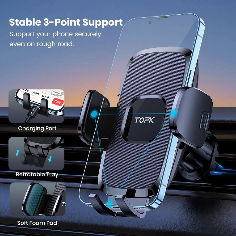 TOPK Car Phone Holder Air Vent Car Mount [Big Phone & Thick Cases] Hands Free Cell Phone Automobile Clamp Cradles for All Phones