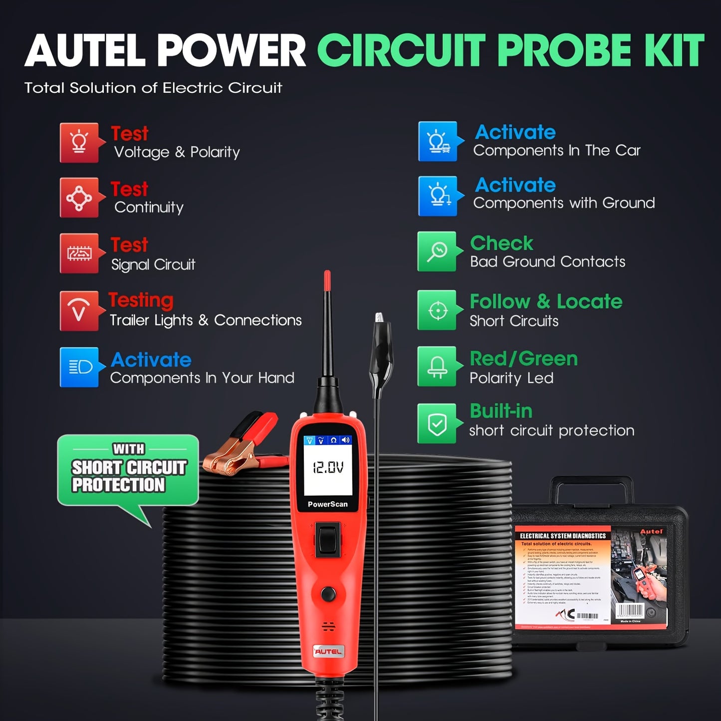 Universal 12V 24V Autel PowerScan Circuit Tester Kit, 20ft Cable, Read AC/DC Voltage, Resistance, Component Activation, Short Finder, Test Ground & Continuity