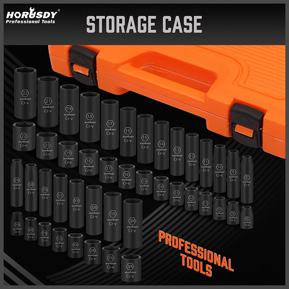 50-Piece HORUSDY 3/8" Drive Impact Socket Set - Standard SAE (5/16 to 3/4 inch) and Metric (8-22mm) Size, 6 Point, Cr-V, Includes 3/8-Inch Drive Ratchet Handle, Drive Extension Bar, and Impact Universal Joint