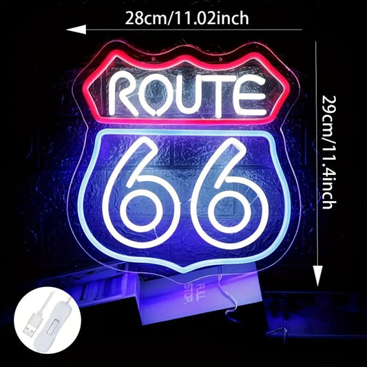 Route 66 LED Neon Sign Light - Energy-Saving - Vintage Man Cave Decor for Bedroom, Office, Hotel, Cafe, or Recreation Room