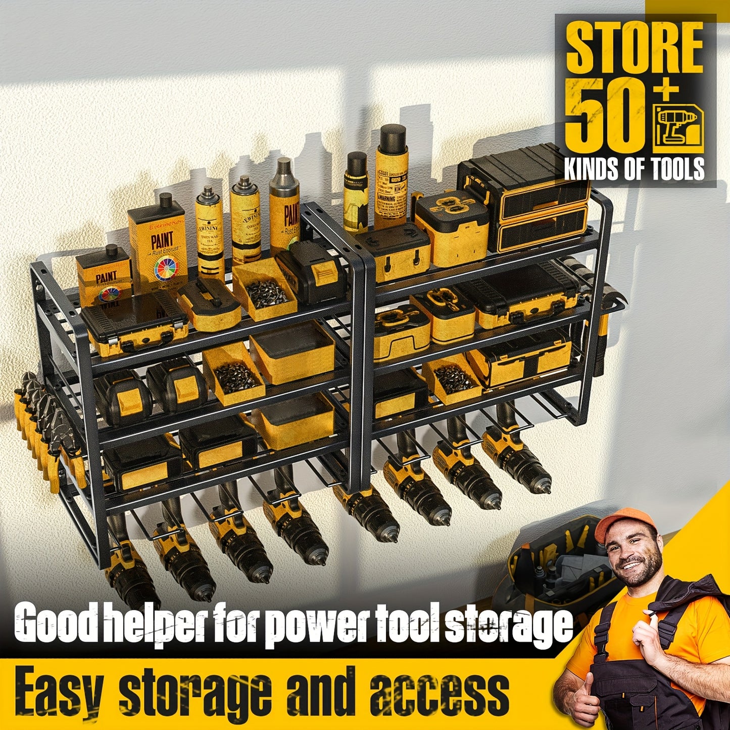 4-Tier Heavy Duty Metal Power Tool Organiser - 15 Minutes Quick Assembly, 150lbs Max Load, 8 Slots, 4 Shelves, Garage/Hanging Board/Shed Compatible, Perfect Father's Day Gift