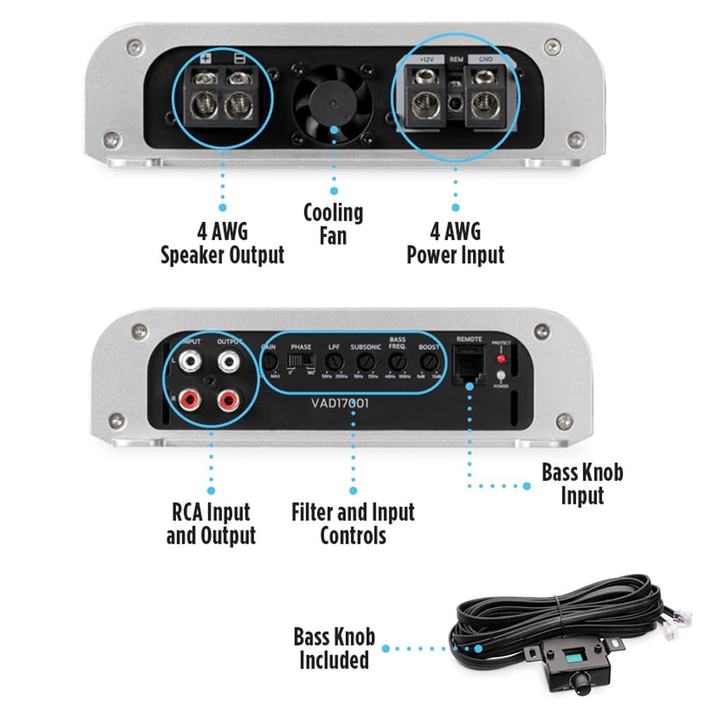 VAD17001 Monoblock 1-Ch Class D Amplifier 3400W Max, 1700W RMS High Power, 1/2/4-Ohm Stable, Low Pass X-Over, Bass Boost, Remote Subwoofer Bass Knob, for Car/Truck/Marine/Utv/Motorcycle