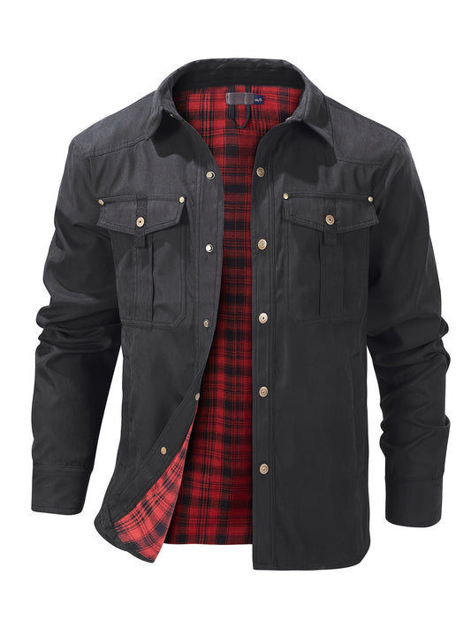 Stylish Men's Plaid Work Jacket - Classic Button Down Design, Flap Pockets, Windbreaker Style Outerwear for Spring and Fall Seasons, Mature Fashion Essential