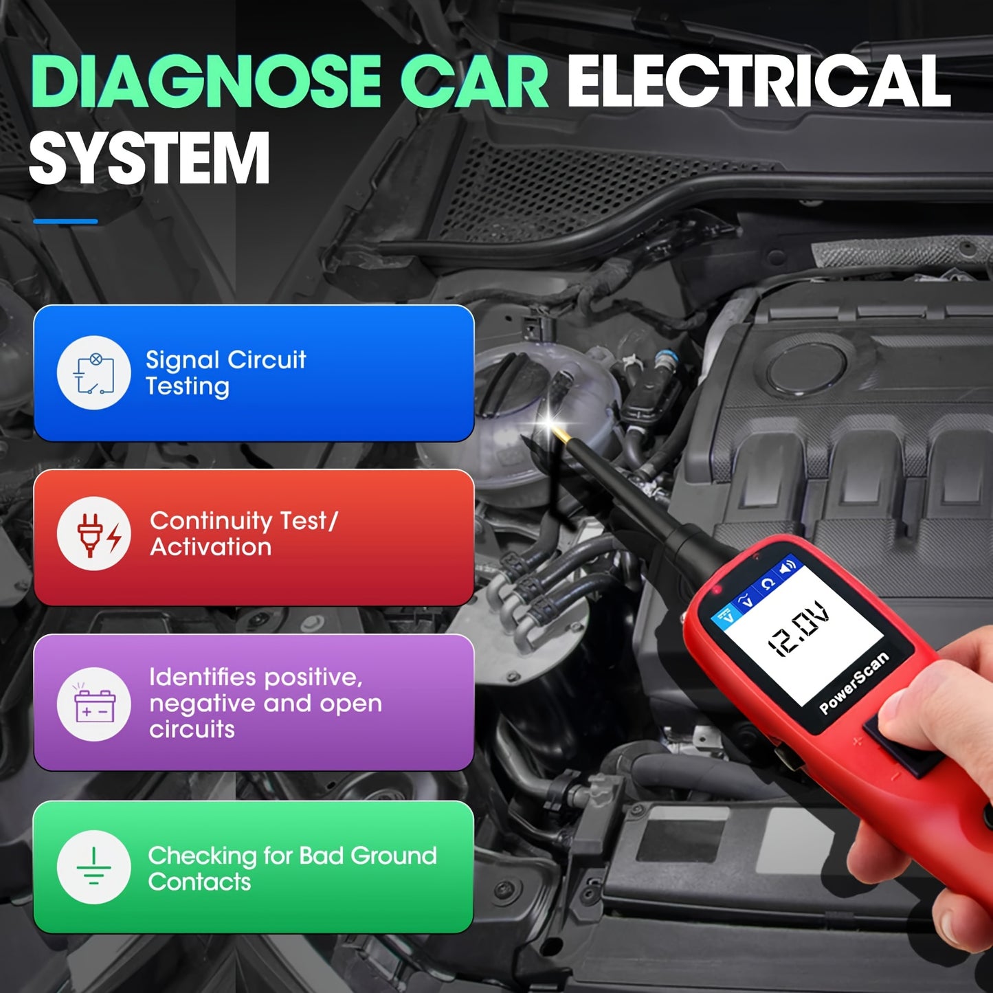 Universal 12V 24V Autel PowerScan Circuit Tester Kit, 20ft Cable, Read AC/DC Voltage, Resistance, Component Activation, Short Finder, Test Ground & Continuity