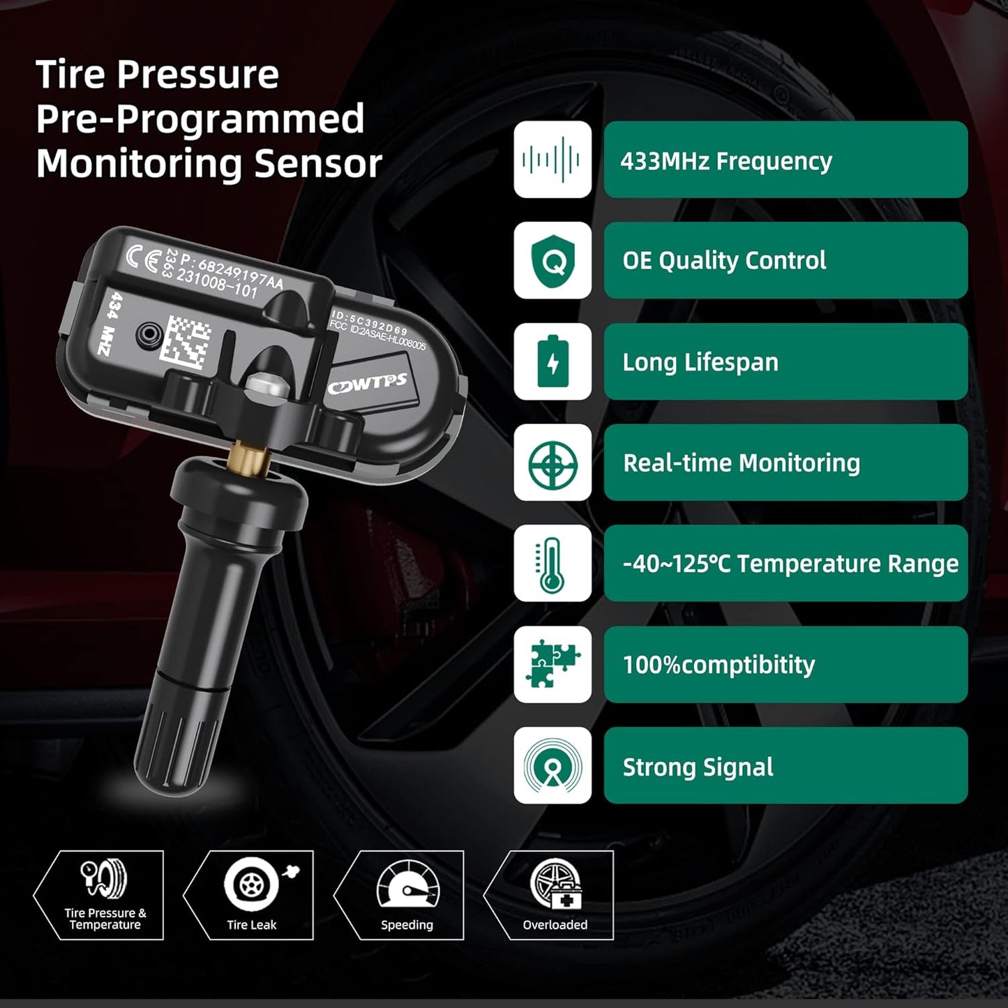 TPMS Sensor Dodge, 4-Pack 434Mhz Tire Pressure Monitor Sensors Compatible with Dodge RAM Jeep Cherokee Replace#.68239720Aa.68157568Aa.68239720Ab.68239720Ac.68324960Aa.68239729Aa