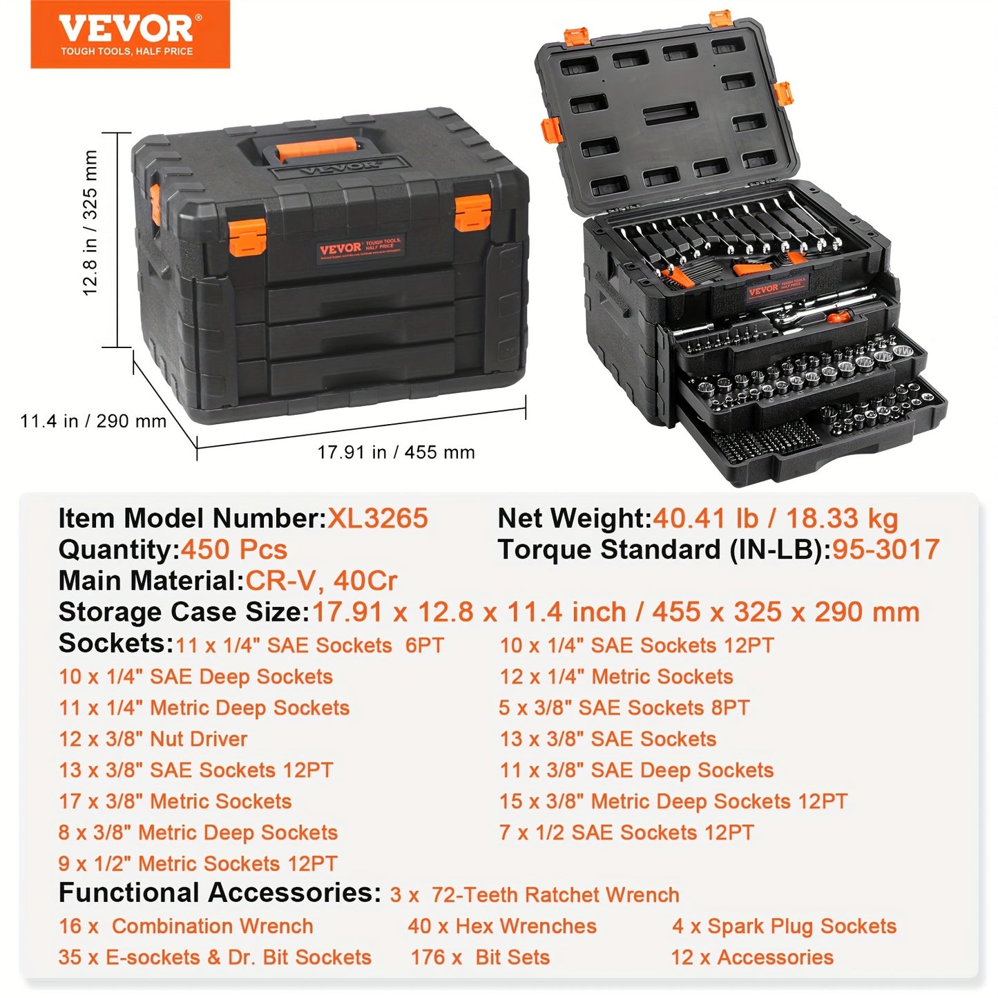 450 Pcs SAE and Metric Mechanic Tool Kit, VEVOR Mechanics Tool Set and Socket Set with 1/4", 3/8", 1/2" Drive Deep and Standard Sockets, Bits, Hex Wrenches, Combination Wrench, Accessories, Storage Case