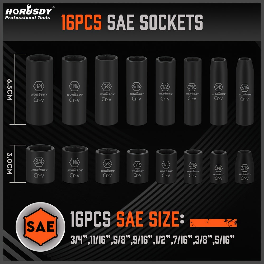 50-Piece HORUSDY 3/8" Drive Impact Socket Set - Standard SAE (5/16 to 3/4 inch) and Metric (8-22mm) Size, 6 Point, Cr-V, Includes 3/8-Inch Drive Ratchet Handle, Drive Extension Bar, and Impact Universal Joint